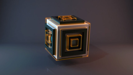 3D rendering of beautiful composite cube with luminous and transparent elements with textures of white ceramic, green stone and green glass in the side's center, on the neutral colorful background