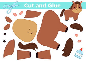 Use scissors and glue create funny kawaii horse. Educational paper game for children. Activity worksheet. Farm animals.