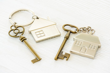Two retro metallic / silver key and home key chain with keyring for homeowner to open the door. Security key for unlocking and access to a room or house or private residential asset. White background.