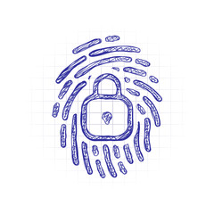 Fingerprint with close lock, personal protect, secutiry icon. Hand drawn sketched picture with scribble fill. Blue ink. Doodle on white background