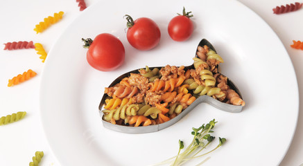 Pasta in white plate decorated for baby. Kid's menu.