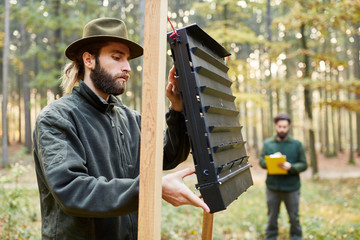 Forester and trainee inspect bark beetle slot trap