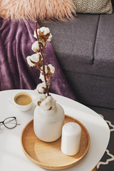 Cotton twigs in a vase on small table
