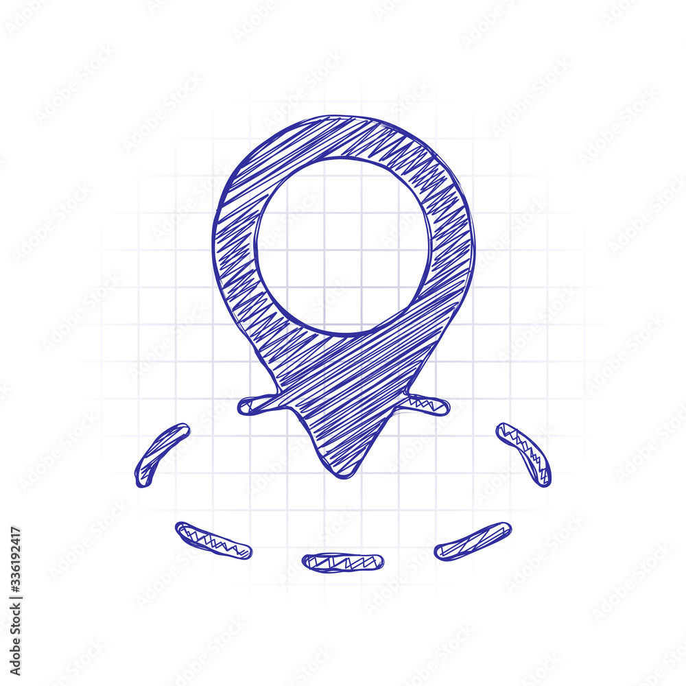 Poster label or pin map on circle target, simple business icon. hand drawn sketched picture with scribble f