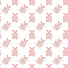 Cute gift box seamless pattern. Childish print for textile, wrapping paper. Festive vector flat illustration isolated on white background.