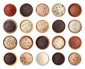 Set with different types of rice in bowls on white background, top view