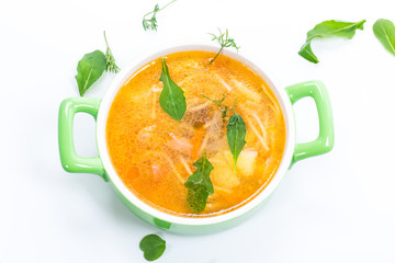 spring soup with vermicelli, vegetables and herbs