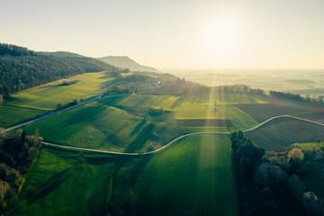 Aerial view of rural landscape at sunset