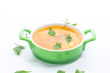 spring soup with vermicelli, vegetables and herbs