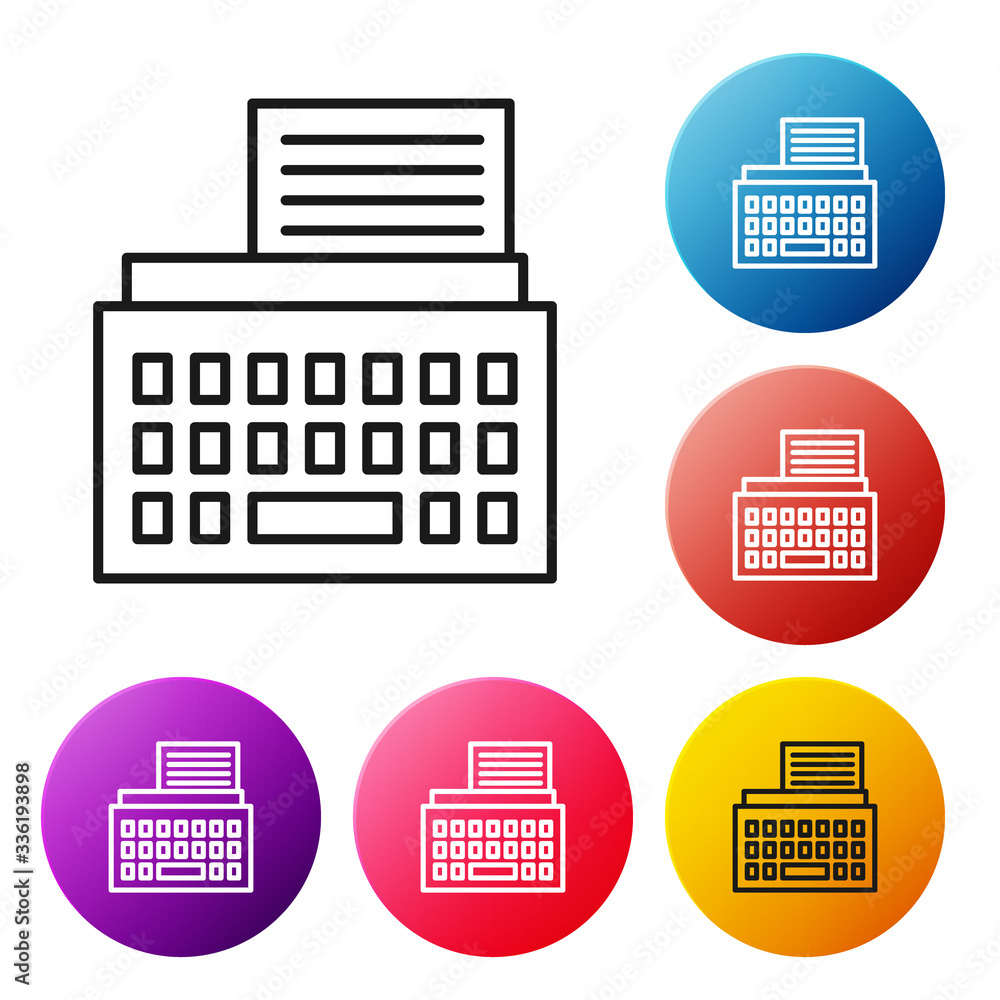 Poster black line retro typewriter and paper sheet icon isolated on white background. set icons colorful ci