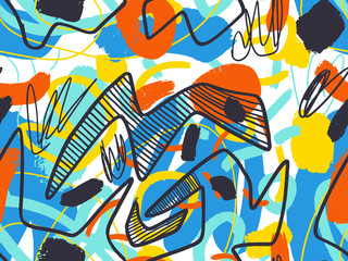 Seamless abstract doodle background pattern in bright summer positive colors. Hand-drawn abstract pattern with randomly arranged spots and dots and lines. Pencil and paint texture.