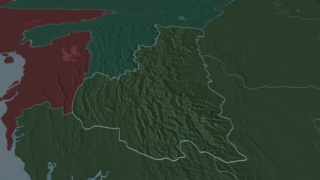 Chin, state with its capital, zoomed and extruded on the administrative map of Myanmar in the conformal Stereographic projection. Animation 3D