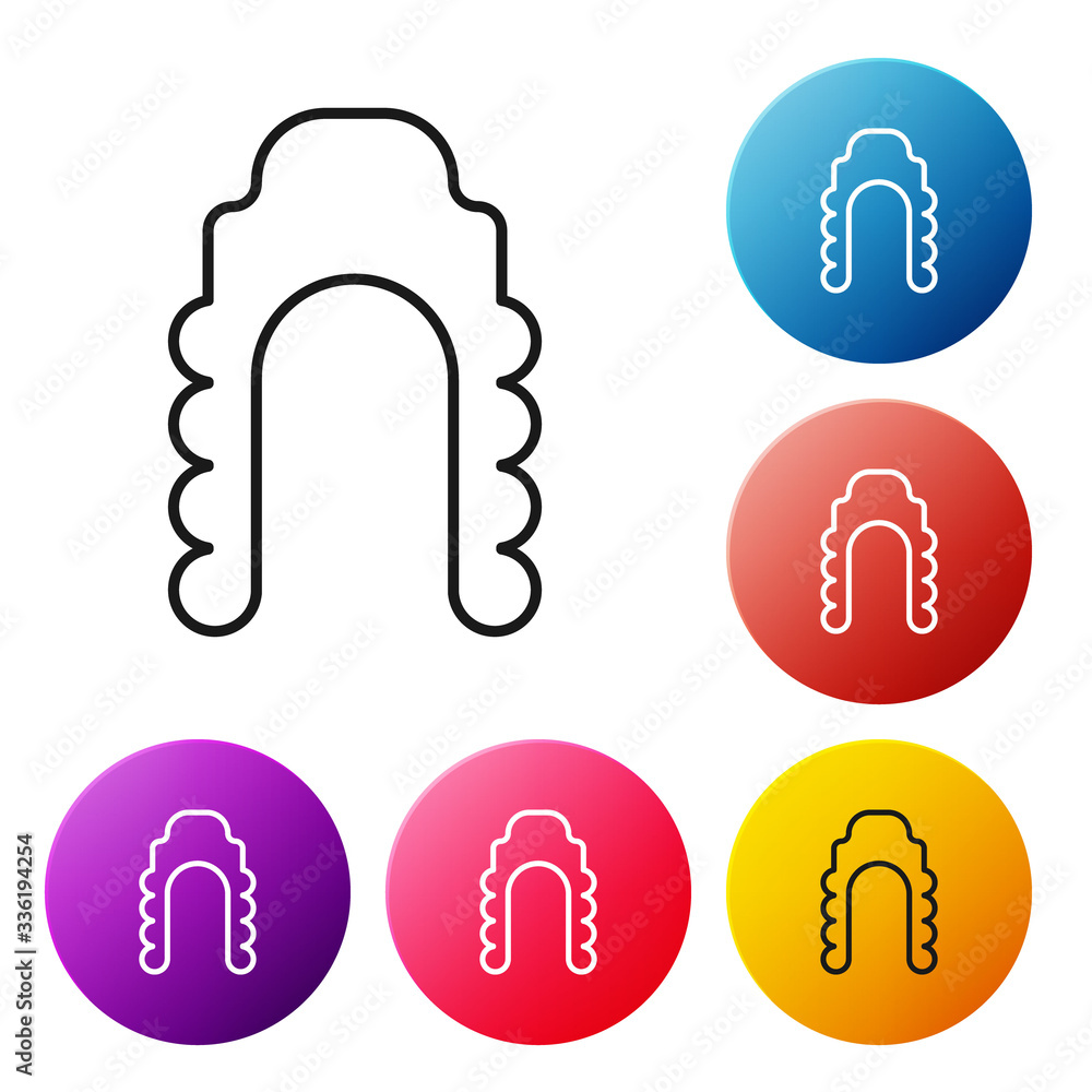 Poster black line judge wig icon isolated on white background. medieval style antique. set icons colorful c