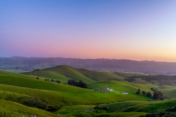 Fototapeta premium Magenta Sunset in Hills, Pastures, 