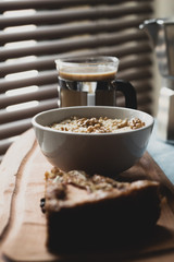 oatmeal in bowl whit coffee 