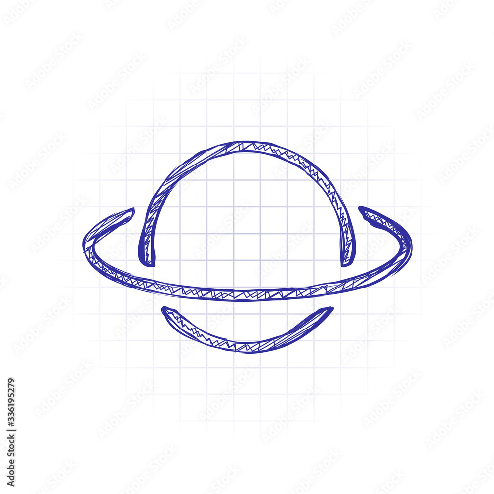 Poster planet with line of orbit, outline linear icon. hand drawn sketched picture with scribble fill. blue