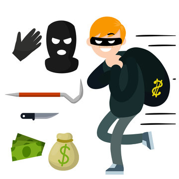 Thief with knife. Robber in black cloth. Set of tools for crime. pinch bar, crowbar, glove. Funny guy. Cartoon flat illustration. Man burglar. Security problem