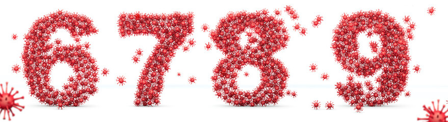 Numbers 6, 7, 8, 9 virus. Coronavirus Alphabet 3d render. ord made of Bacteria, word made of Virus, bacteria font, virus font, 3d alphabet, 3d bacteria, alphabet made of Bacteria, 
