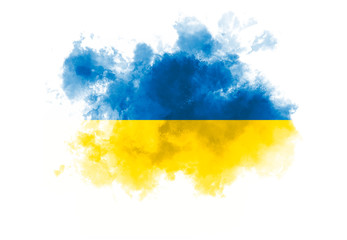Ukrainian flag performed from color smoke on the white background. Abstract symbol.