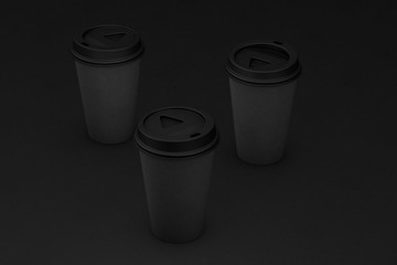 Paper takeaway coffee cups on black background. 3D Illustration