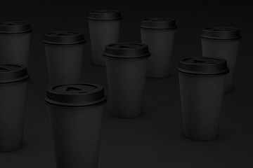 Paper takeaway coffee cups on black background. 3D Illustration