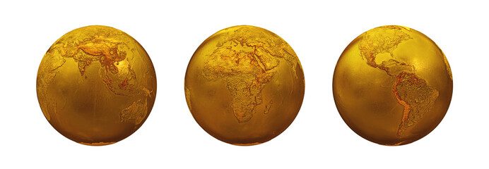 Realistic set of topography Golden Metal Earth Globe isolated on a white background. Asia, Europe, Africa, America, Australia. 3d Rendering illustration