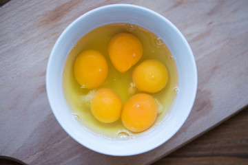 Picture of raw, broken eggs in a white bowl, top view