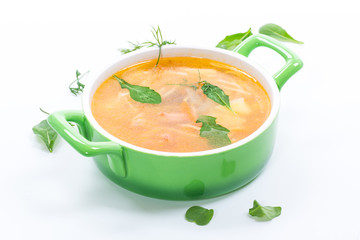 spring soup with vermicelli, vegetables and herbs