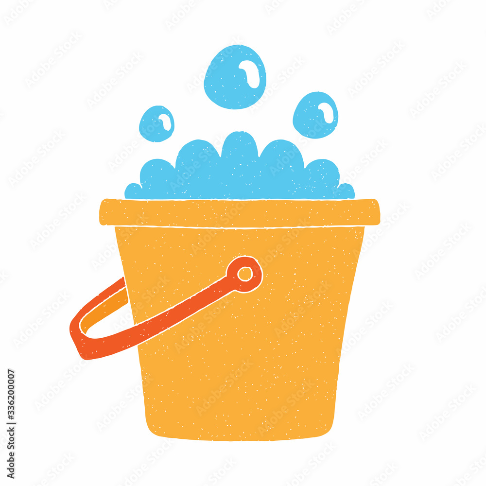 Poster soap foam and bucket vector design. digital hand drawn style. grain texture