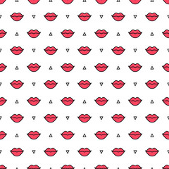 Red lips with triangle seamless pattern on white background. Lipstick kiss. Vector illustration. Fashion background in minimal design.