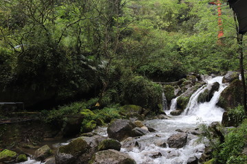 Beautiful landscape of cascade falls over mossy rocks, stones cover with moss, in a Mountain in Sichuan, China