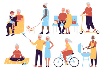 Multiracial old active social people character flat vector illustration set