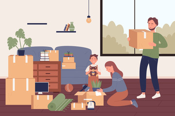 Lovely happy family moving into new apartment flat vector illustration. Parents and son characters unpacking things from cardboard boxes in light room with large window. Relocation Process.