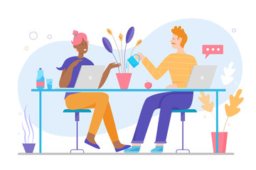 Cute family couple works at home character flat vector illustration. Smiling lovely wife and husband sits at table with laptops, talking. Quarantine or self-isolation, global viral epidemic pandemic
