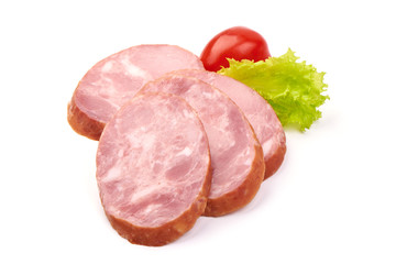 Smoked Ham sausage, isolated on white background