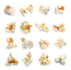 Set of delicious popcorn on white background