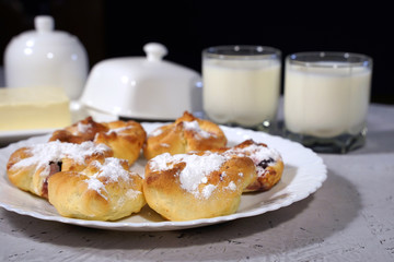 Tasty cookies with milk, selective focus