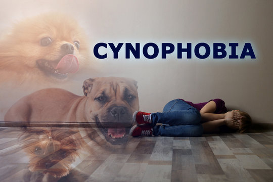 Cynophobia concept. Double exposure of scared little girl and dogs
