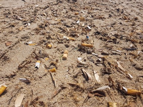 Closeup Shot Of Used Cigarettes On The Sand In The Beach