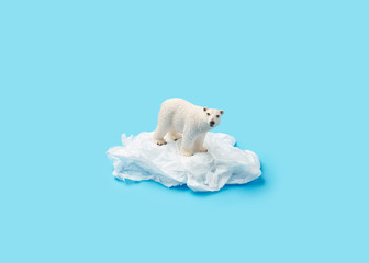 Polar bear on a plastic ice over a blue background