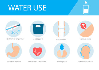 infographic of using water,benefits for the body:adjustment of temperature,weight control,greases joints,remove toxins,normalizes digestion,reduces risk of a heart attack,immunity strengthening.Vector