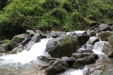 Beautiful landscape of cascade falls over mossy rocks, stones cover with moss, in a Mountain in Sichuan, China