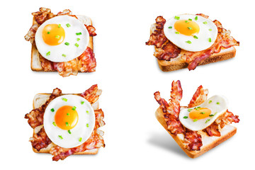 Fried egg fried bacon sandwich on a white isolated background