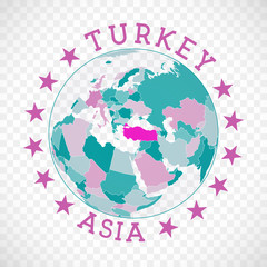 Turkey round logo. Badge of country with map of Turkey in world context. Country sticker stamp with globe map and round text. Radiant vector illustration.