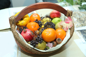 basket are pomegranates, dates, pears, quinces, mashed potatoes, black hawthorn.