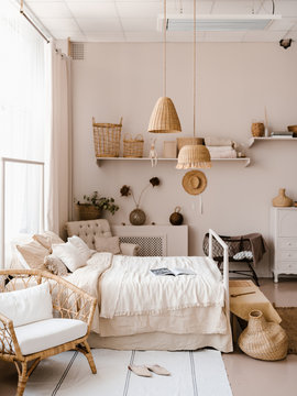 Stylish bedroom in boho design style.