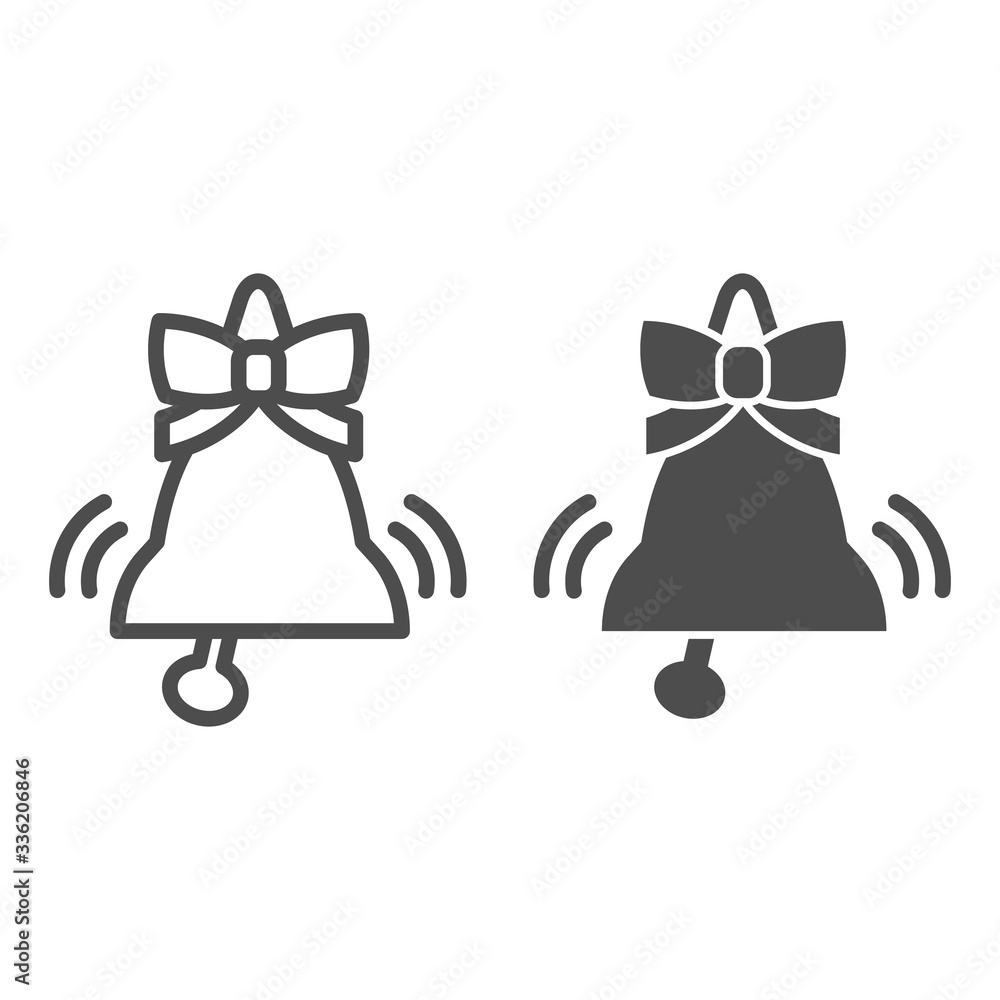 Aufkleber bell with bow line and solid icon. traditional holiday handbell outline style pictogram on white bac