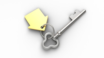 House keys isolated on white background. Concept illustration of a dream house. 3D-rendering.