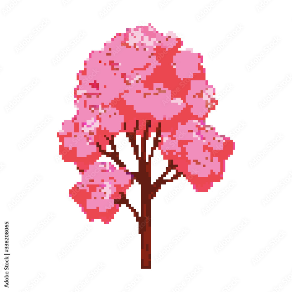 Poster pixel sakura tree. pixel art 8 bit vector