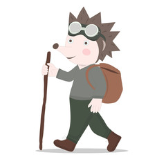 Doodle vector with hedgehog traveler in cartoon style. Animal illustration. Character hedgehog carries a backpack. Isolated on white background